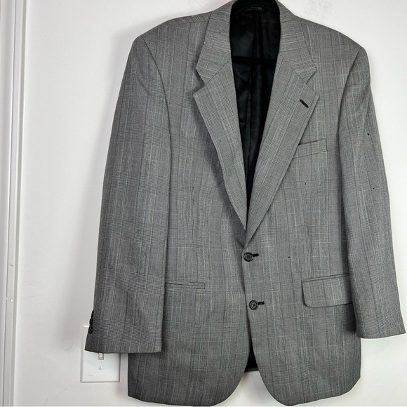 Burberrys Blazer mens large two button coat grey blue micro plaid 100% wool - Picture 2 of 11